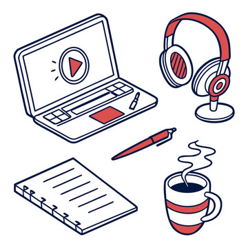 Isometric view of a laptop with a play button, headphones, notebook, pen, and a steaming cup of coffee