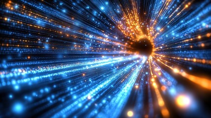 Poster - A vibrant digital tunnel effect with blue and orange glowing lights converging into a mysterious dark center, resembling data streams or a wormhole in space.