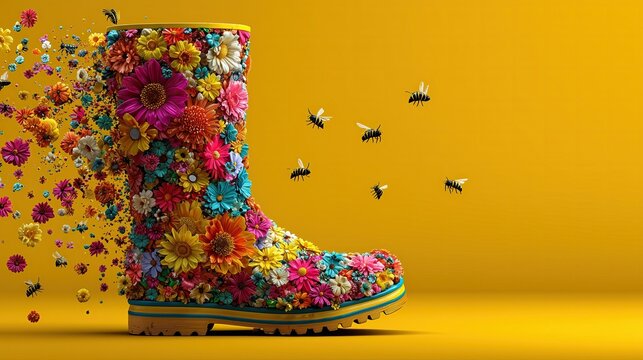 3D rendering of a pastel vintage van and single rubber boot with vivid spring flowers and flying bees