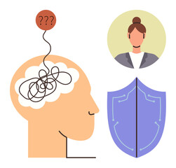 Poster - Tangled thoughts inside a head profile with a question mark balloon, a shield symbolizing protection, and a therapists portrait. Ideal for therapy, anxiety, solutions, cognitive clarity, safety
