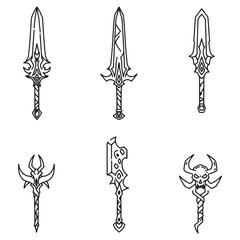 Poster - Detailed hand drawn fantasy swords and weapons in a bold outlined black and white style