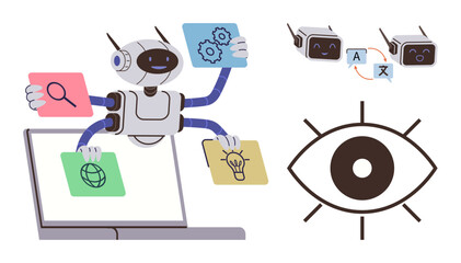 Poster - Robot on laptop holding cards with icons for web search, creative ideas, AI settings, and language translation. Ideal for technology, automation, AI, innovation, productivity global connection
