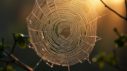 Extreme closeup of dewdrops on delicate spiderweb threads in golden morning sunlight, geometric nature pattern, dreamy macro photography for background or wallpaper