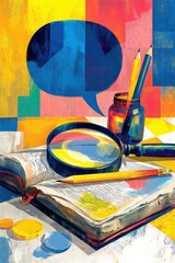 Poster - Colorful artistic representation of knowledge with book, magnifying glass, and pencils