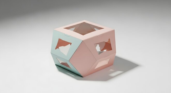 A pastel cube with cutouts sits on a white surface casting a shadow in a studio setting with soft light