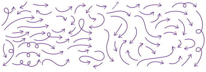 Poster - Hand drawn thin line arrows set. Many vector curvy arrow set