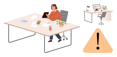 Poster - Woman sitting at a large desk viewing a tablet, surrounded by office items, books, and plants. Includes secondary desk with computer and drawers, caution sign. Ideal for workplace, organization