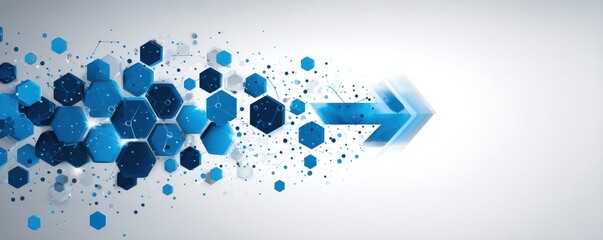 Poster - Abstract graphic with blue hexagons and arrow on white background