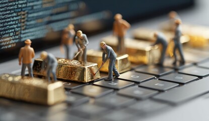 Tiny figures work on gold bars on a laptop keyboard with code in the background