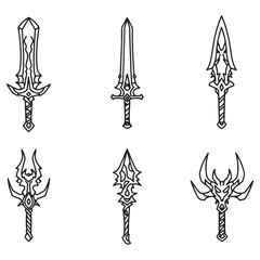 Poster - Hand drawn line art illustration of six different stylized fantasy weapon sword designs