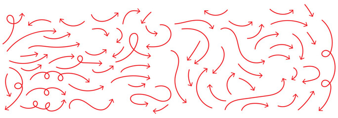 Poster - Hand drawn thin line arrows set. Many vector curvy arrow set