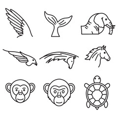 Poster - Minimalist black and white animal icon set featuring wings, tail, elephant, monkey, and horse