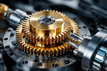 Poster - Close examination of intricate machinery with golden gears in a mechanical assembly process