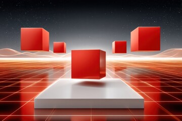 Poster - Abstract cubes in a vivid futuristic grid landscape with glowing details