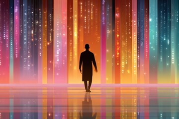 Poster - Silhouette of a person surrounded by vibrant abstract digital patterns
