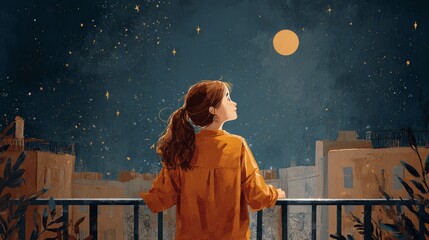 Wall Mural - Curious girl lost in wonder, gazing at the twinkling stars in the enchanting night sky