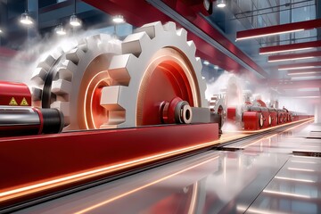 Poster - high-tech mechanical manufacturing process with giant red gears in a modern factory