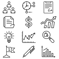 Poster - Illustration of business and finance icons including teamwork, time, dollar, graph, and lightbulb elements