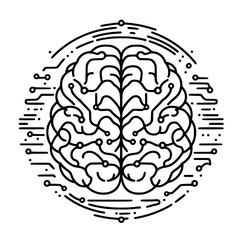 Poster - Brain illustration in single line outline vector style with digital patterns  