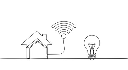 Poster - Single line outline vector of a house connected to a light bulb  