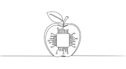 Poster - Apple with microchip design created in single line outline vector  
