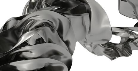 Poster - Metallic ribbon, abstract art, flowing shapes, modern design, elegant curves, grayscale, 3D render, background, texture.