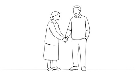 Poster - Elderly man and woman shaking hands in a simple outline vector style  
