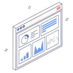 Poster - Modern isometric illustration of a digital dashboard displaying various charts and graphs for data analysis and business intelligence