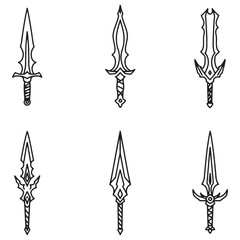 Poster - Set of six hand-drawn swords with decorative designs and outlined black and white illustration