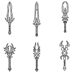 Poster - Set of six intricately detailed fantasy swords in bold black and white outline style