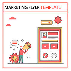 Poster - Marketing flyer template with a person holding a megaphone and a document featuring charts and images for business promotion and advertising
