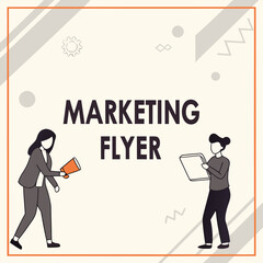 Poster - Two stylized people one with a megaphone and the other holding a tablet stand on a light background with the words marketing flyer in large text