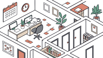 Poster - Isometric illustration of a modern office interior with a desk computer chair plants calendar clock and bookshelves showcasing a clean and organized workspace