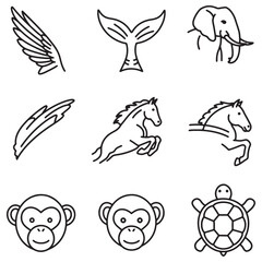 Poster - Simple black and white animal icons depicting a whale horse elephant turtle and monkey