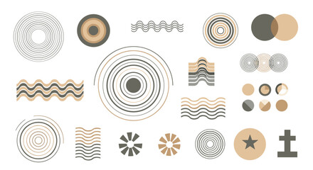 Fototapete - Collection of abstract shapes including concentric circles wavy lines and geometric figures on white background