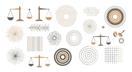 Poster - Illustration featuring scales, concentric circles, lines, and geometric shapes on a white background