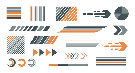 Fototapete - Collection of abstract graphic elements featuring lines arrows and geometric shapes in orange and gray hues