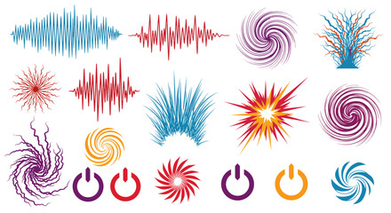 Poster - Collection of abstract designs including waveforms spirals bursts and power symbols on white background