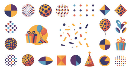 Poster - Collection of decorative party elements including gifts balloons confetti and patterned shapes design