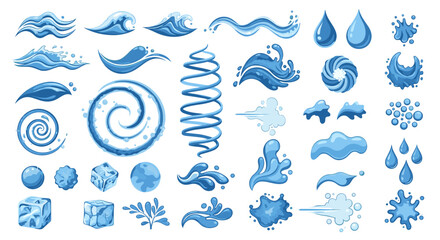 Poster - Illustration of various water elements including waves drops splashes spirals and ice cubes in blue tones
