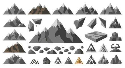 Poster - Collection of stylized mountain range illustrations with various rock formations and geometric designs