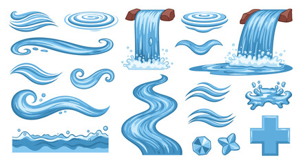 Poster - Illustration featuring various stylized water elements including waterfalls and water ripples design set