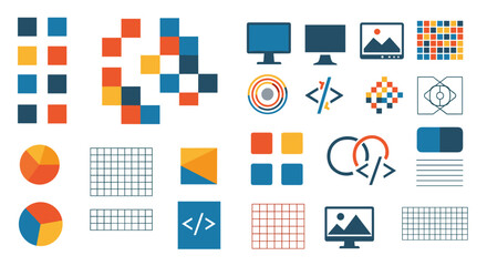 Poster - Collection of various infographic elements including charts grids and coding icons in multiple colors