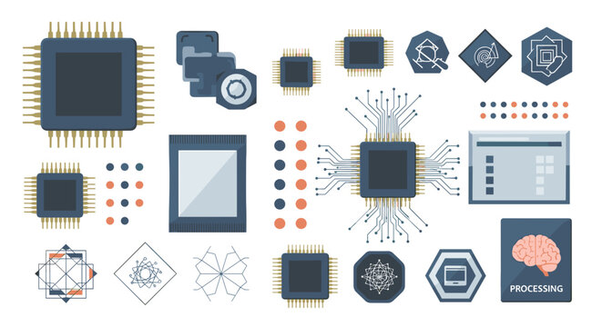 Collection of computer chips sd cards and related graphics arranged on a white background design