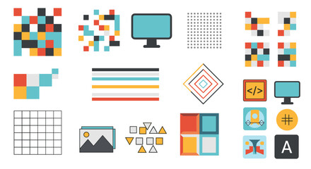 Poster - Collection of abstract icons and graphic elements featuring squares triangles lines computers and symbols design