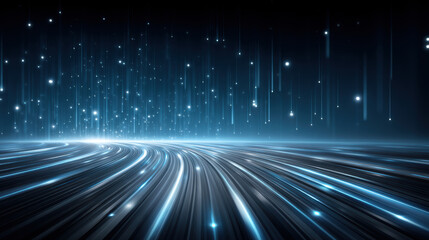 Poster - Futuristic glowing blue light trails curve under starry digital sky, creating dynamic and mesmerizing technology background