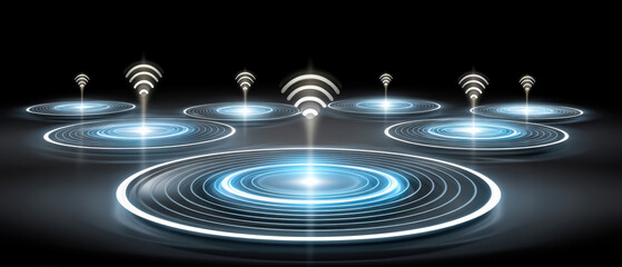 Poster - Wireless network connection icons with glowing blue circular signals on black background, representing digital communication and technology