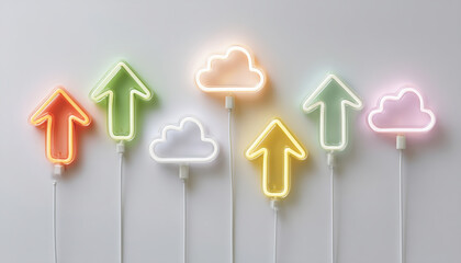 Poster - Neon light signs shaped like arrows and clouds in various colors glowing softly on white wall, creating modern and cheerful atmosphere