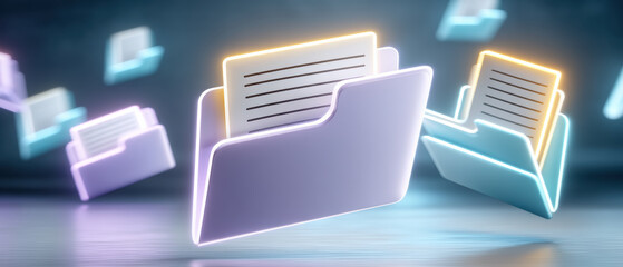 Fototapete - Digital file folder with glowing edges and document icons floating, symbolizing data storage and organization in futuristic style