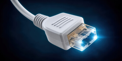 Poster - White ethernet cable connector glowing with blue light on dark background, symbolizing network connection and data transfer technology